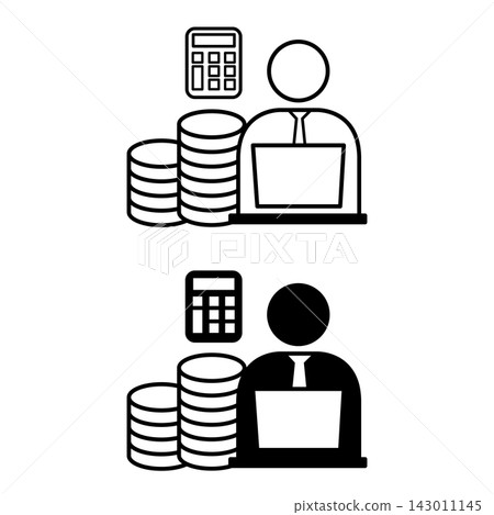 Accountant icons. Black and White Vector Icons. Man with Laptop, Stack of Coins, and Calculator. Business and Finance. Accounting Concept Accountant icons. Black and White Vector Icons. Man with Laptop, Stack of Coins, and Calculator. Business and Finance. Accounting Concept 143011145