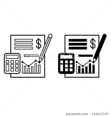 Accounting icons. Black and White Vector Icons. Financial Document, Pencil, and Calculator. Business and Finance Concept Accounting icons. Black and White Vector Icons. Financial Document, Pencil, and Calculator. Business and Finance Concept 143011147