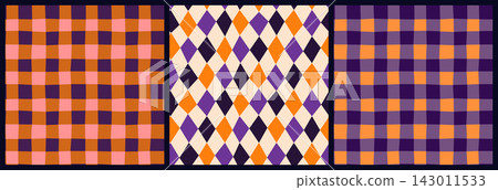 Halloween wavy orange and purple plaid and harlequin vector seamless patterns set, Fall checker backgrounds for textiles, invitations and posters Halloween wavy orange and purple plaid and harlequin vector seamless patterns set, Fall checker backgrounds for textiles, invitations and posters 143011533