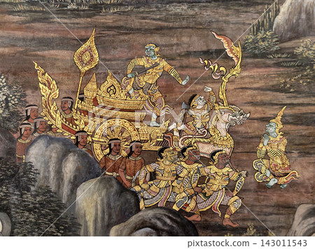 Detailed Ramakien mural painting on Thai temple wall Detailed Ramakien mural painting on Thai temple wall 143011543