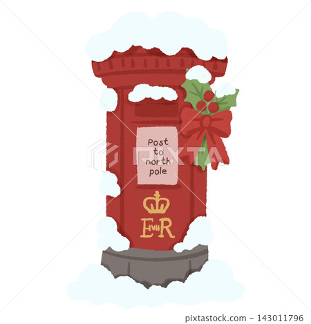 Snowy Red British Post Box with Holly Red Bow North Pole Christmas Mail Winter Holiday England United Kingdom Festive Illustration 143011796