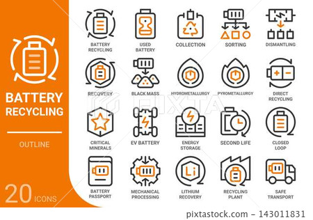 battery recycling outline icon set,20 vector icons battery recycling outline icon set,20 vector icons 143011831