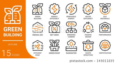 green building outline icon set,15 vector icons 143011835