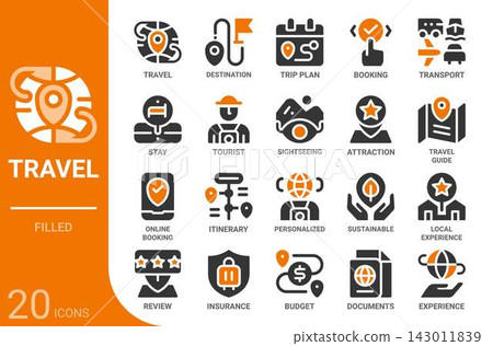 travel and tourism filled glyph icon set,20 vector icons travel and tourism filled glyph icon set,20 vector icons 143011839