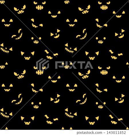 Halloween vector seamless pattern with carved pumpkin faces with different funny expressions on black background Halloween vector seamless pattern with carved pumpkin faces with different funny expressions on black background 143011852