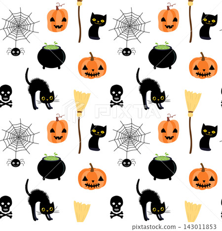 Vector seamless pattern for Halloween with spider, skull and cats one white background Vector seamless pattern for Halloween with spider, skull and cats one white background 143011853