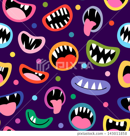Vector seamless pattern with colorful monster mouths with tongues and teeth for Halloween designs Vector seamless pattern with colorful monster mouths with tongues and teeth for Halloween designs 143011858