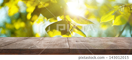 Wooden table and tree branch with green leaves on sunny day. Springtime Wooden table and tree branch with green leaves on sunny day. Springtime 143012015