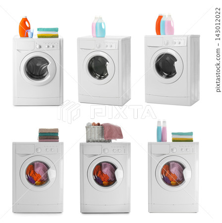 Set with modern washing machines on white background Set with modern washing machines on white background 143012022