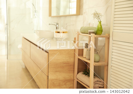 Shelving unit with toiletries in stylish bathroom interior Shelving unit with toiletries in stylish bathroom interior 143012042