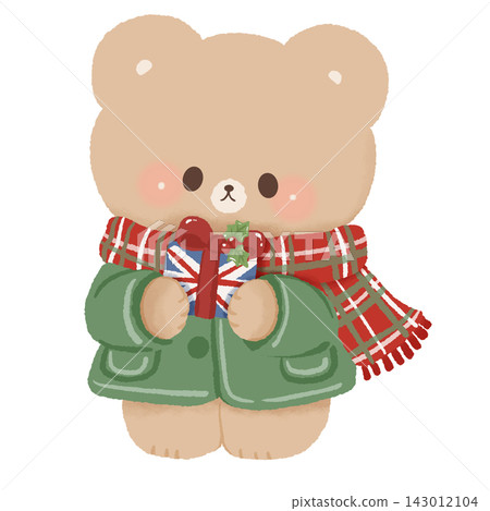 Cute Brown Bear Holding Union Jack Christmas Gift Wearing Green Winter Coat and Red Tartan Scarf London Christmas Holiday British Travel Illustration Cute Brown Bear Holding Union Jack Christmas Gift Wearing Green Winter Coat and Red Tartan Scarf London Christmas Holiday British Travel Illustration 143012104