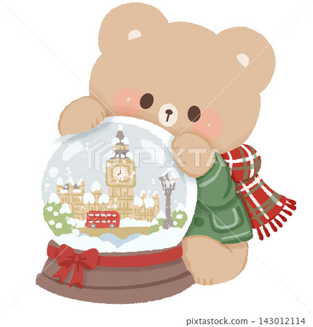 Cute Brown Bear with London Snow Globe Featuring Big Ben and Red Double Decker Bus Cozy Christmas Winter British Holiday Illustration Cute Brown Bear with London Snow Globe Featuring Big Ben and Red Double Decker Bus Cozy Christmas Winter British Holiday Illustration 143012114