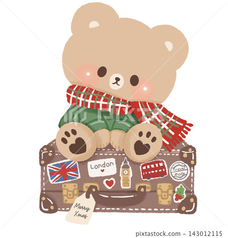 Cute Brown Bear Sitting on Vintage London Travel Suitcase with British Stickers Tartan Scarf Cozy Christmas Winter Holiday Illustration Cute Brown Bear Sitting on Vintage London Travel Suitcase with British Stickers Tartan Scarf Cozy Christmas Winter Holiday Illustration 143012115