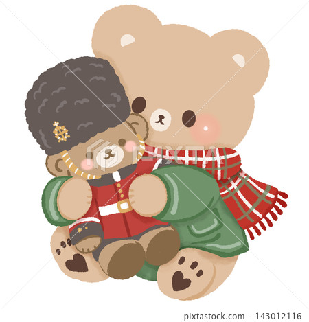 Cute Brown Bear Hugging Royal Guard Teddy Bear Wearing Green Coat and Red Tartan Scarf Cozy London Christmas British Holiday Illustration Cute Brown Bear Hugging Royal Guard Teddy Bear Wearing Green Coat and Red Tartan Scarf Cozy London Christmas British Holiday Illustration 143012116