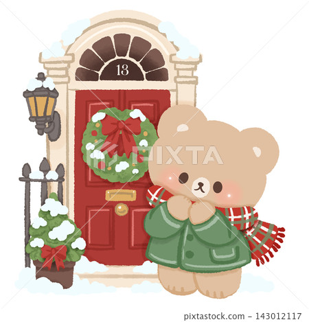 Cute Brown Bear Standing Beside Red London Door with Christmas Wreath and Snow Cozy British Winter Holiday Christmas Illustration Cute Brown Bear Standing Beside Red London Door with Christmas Wreath and Snow Cozy British Winter Holiday Christmas Illustration 143012117
