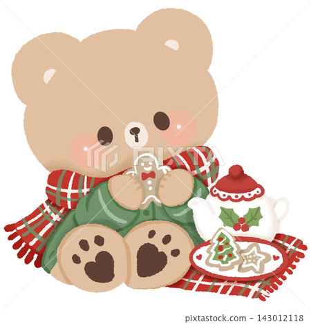 Cute Brown Bear Enjoying Christmas Tea and Gingerbread Cookies Wearing Green Coat and Tartan Scarf Cozy British Winter Holiday Illustration 143012118