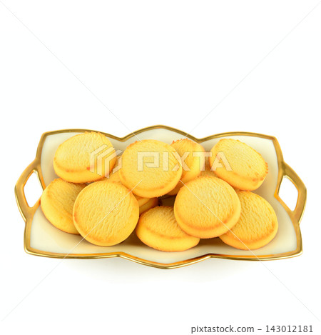Butter cookies served on an elegant porcelain tray with gold rim, square orientation isolated on white background, crisp fresh baked butter biscuits snack dessert layout. Butter cookies served on an elegant porcelain tray with gold rim, square orientation isolated on white background, crisp fresh baked butter biscuits snack dessert layout. 143012181