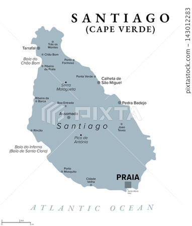 Santiago, largest island of Cape Verde (Cabo Verde), gray political map, with Praia, the capital and largest city of the island country, situated in the south. Isolated illustration over white. Vector Santiago, largest island of Cape Verde (Cabo Verde), gray political map, with Praia, the capital and largest city of the island country, situated in the south. Isolated illustration over white. Vector 143012283