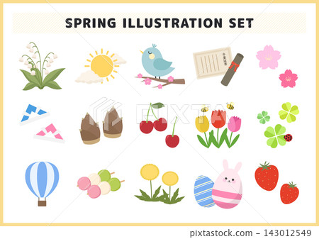 A set of vector illustrations featuring spring events and seasonal motifs such as cherry blossoms, graduation certificates, and tulips. A set of vector illustrations featuring spring events and seasonal motifs such as cherry blossoms, graduation certificates, and tulips. 143012549
