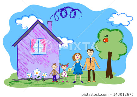 Vector kids sketch of happy family with house Vector kids sketch of happy family with house 143012675