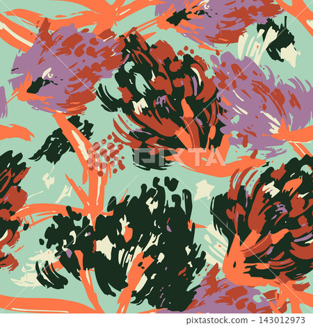 Colorful abstract botanical pattern with loose brushstroke leaves and petals in coral, mint, lavender, cream, and deep green, arranged as seamless artwork for fabric, wallpaper, and packaging. Colorful abstract botanical pattern with loose brushstroke leaves and petals in coral, mint, lavender, cream, and deep green, arranged as seamless artwork for fabric, wallpaper, and packaging. 143012973