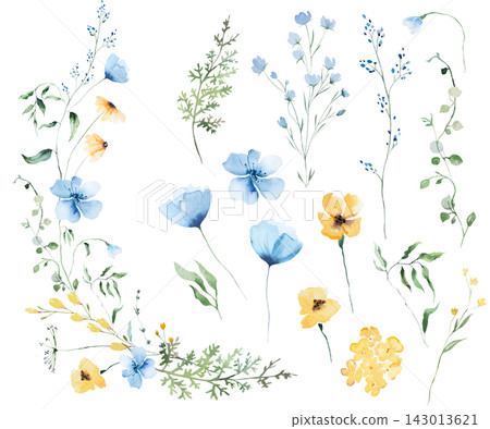 Floral clipart bouquet with blue and yellow watercolor wildflower, isolated wedding illustration 143013621
