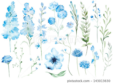 Watercolor light blue wildflowers clipart, botanical wedding stationery pastel floral set Watercolor light blue wildflowers clipart, botanical wedding stationery pastel floral set 143013630