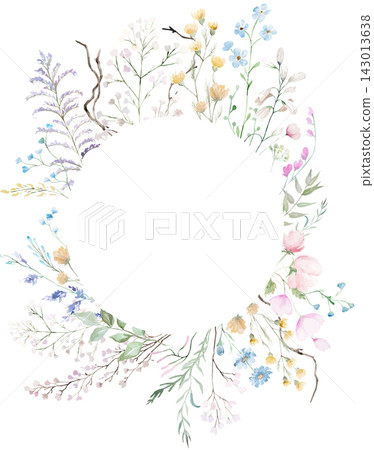 Watercolor floral frame with pastel wildflowers, isolated floral illustration for wedding stationery Watercolor floral frame with pastel wildflowers, isolated floral illustration for wedding stationery 143013638