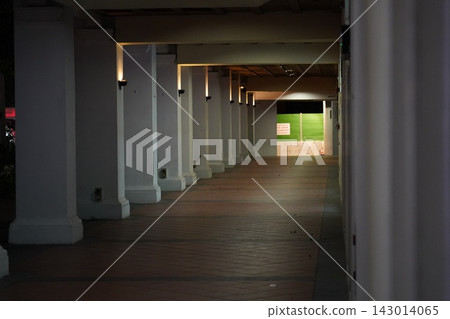 Dimly lit urban walkway with columns and ambient lighting 143014065