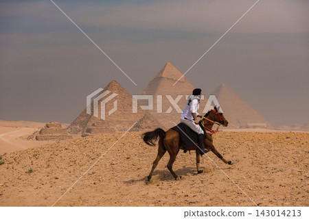 Arab horseman in white shirt and keffiyeh riding at full gallop across sandy Giza desert with all three ancient pyramids rising through hazy sky ideal Arab horseman in white shirt and keffiyeh riding at full gallop across sandy Giza desert with all three ancient pyramids rising through hazy sky ideal 143014213