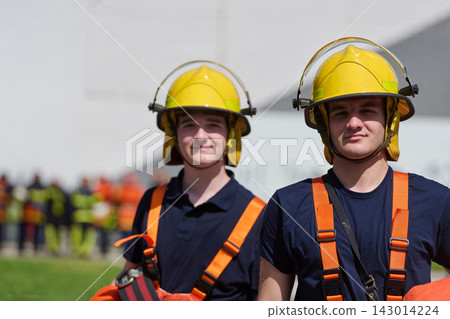 Young Firefighters Wearing Yellow Helmets and Safety Gear During Outdoor Training Drill Young Firefighters Wearing Yellow Helmets and Safety Gear During Outdoor Training Drill 143014224