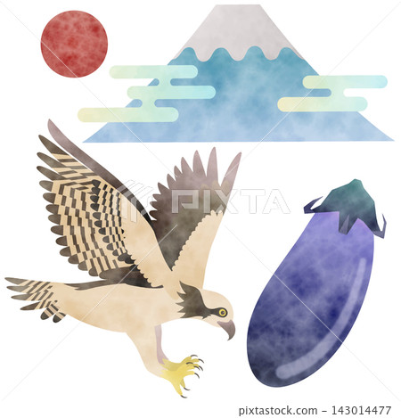 Fuji, a hawk, and an eggplant (watercolor-style illustration) Fuji, a hawk, and an eggplant (watercolor-style illustration) 143014477
