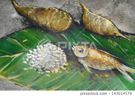 Still Life Painting of Asian Fish and Rice Dish Still Life Painting of Asian Fish and Rice Dish 143014579