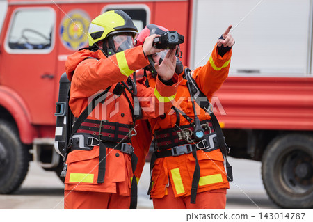 Firefighters in Protective Gear Using Thermal Camera Near Red Fire Truck During Emergency Response Firefighters in Protective Gear Using Thermal Camera Near Red Fire Truck During Emergency Response 143014787