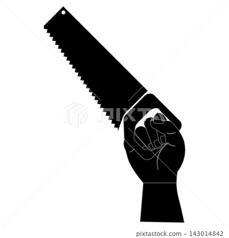 Hand holding hand saw icon silhouette isolated on white background, carpentry and woodworking tool symbol. 143014842