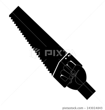 Hand holding hand saw icon silhouette isolated on white background, carpentry and woodworking tool symbol. Hand holding hand saw icon silhouette isolated on white background, carpentry and woodworking tool symbol. 143014843