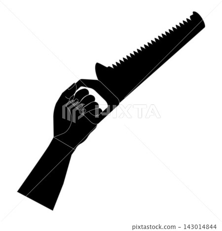 Hand holding hand saw icon silhouette isolated on white background, carpentry and woodworking tool symbol. Hand holding hand saw icon silhouette isolated on white background, carpentry and woodworking tool symbol. 143014844