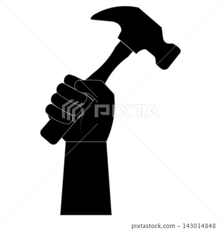 Hand holding hammer icon silhouette isolated on white background, carpentry and construction tool symbol. Hand holding hammer icon silhouette isolated on white background, carpentry and construction tool symbol. 143014848
