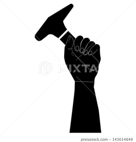 Hand holding hammer icon silhouette isolated on white background, carpentry and construction tool symbol. Hand holding hammer icon silhouette isolated on white background, carpentry and construction tool symbol. 143014849