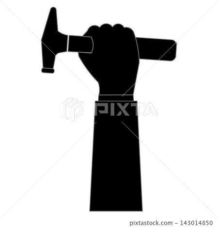 Hand holding hammer icon silhouette isolated on white background, carpentry and construction tool symbol. Hand holding hammer icon silhouette isolated on white background, carpentry and construction tool symbol. 143014850