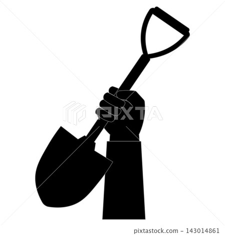 Hand holding shovel icon silhouette isolated on white background, gardening and farming tool symbol. Hand holding shovel icon silhouette isolated on white background, gardening and farming tool symbol. 143014861