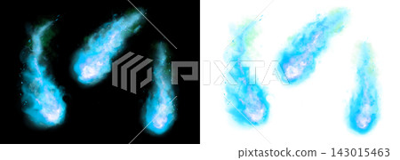 An illustration of three fireballs. A swirling light blue flame effect. An illustration of three fireballs. A swirling light blue flame effect. 143015463