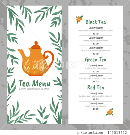 Tea menu template. Minimal floral design with teapot and beverage list, printable restaurant price card for hot nature organic herbal drinks. Shop catalog. Vector cartoon flat illustration Tea menu template. Minimal floral design with teapot and beverage list, printable restaurant price card for hot nature organic herbal drinks. Shop catalog. Vector cartoon flat illustration 143015512