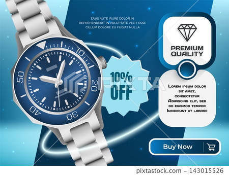 Wristwatch sale banner. Modern product advertisement with discount badge, quality luxury accessory promotion design. Metallic male watch premium quality. Vector isolated illustration Wristwatch sale banner. Modern product advertisement with discount badge, quality luxury accessory promotion design. Metallic male watch premium quality. Vector isolated illustration 143015526