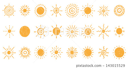 Cute sun set. Morning sunshine sketch, hand drawn summer pattern of happy yellow bright sunrise. Travel abstract icons. Decorative graphic hand drawn elements. Vector isolated illustration 143015529