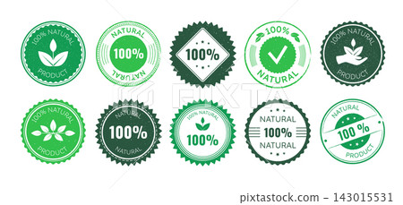 Ingredient icons. 100 organic quality stamp, vegan seal food product. Safe health or cosmetic certificate, percentage guarantee design. Green leaf eco stamp. Vector label isolated set Ingredient icons. 100 organic quality stamp, vegan seal food product. Safe health or cosmetic certificate, percentage guarantee design. Green leaf eco stamp. Vector label isolated set 143015531