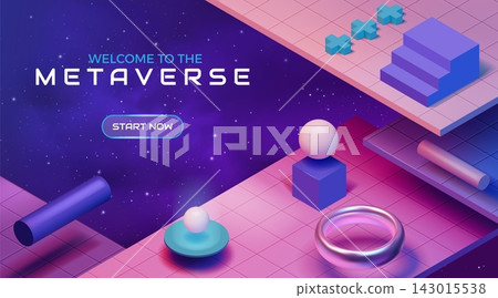 Isometric metaverse. 3d game world, geometric vr space technology or future cyber platform. Futuristic cyberspace neon abstract objects. Background design, digital space vector illustration Isometric metaverse. 3d game world, geometric vr space technology or future cyber platform. Futuristic cyberspace neon abstract objects. Background design, digital space vector illustration 143015538
