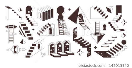 Geometric houses. Abstract city shapes, minimal color kid play poster with modern design. Creative mosaic. Colorful geometric buildings, windows, trees, urban landscape. Vector poster Geometric houses. Abstract city shapes, minimal color kid play poster with modern design. Creative mosaic. Colorful geometric buildings, windows, trees, urban landscape. Vector poster 143015540