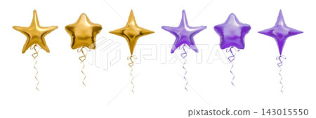 Star baloon. 3d foil balloon, purple white or pink confetti ballon or helium anniversary balon ribbon. For party, carnival birthday celebration decoration. Vector shapes, isolated render set 143015550