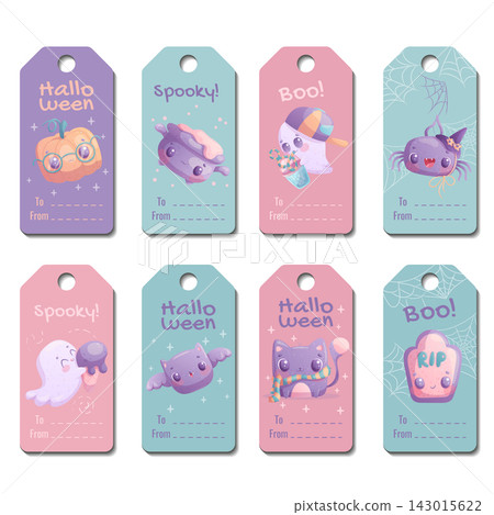 A set of cute Halloween printable gift tags for discounts and sales. Smiling characters. Ghost, cat, pumpkin, bat, spider, tombstone, witch's cauldron. Vector illustration for children A set of cute Halloween printable gift tags for discounts and sales. Smiling characters. Ghost, cat, pumpkin, bat, spider, tombstone, witch's cauldron. Vector illustration for children 143015622
